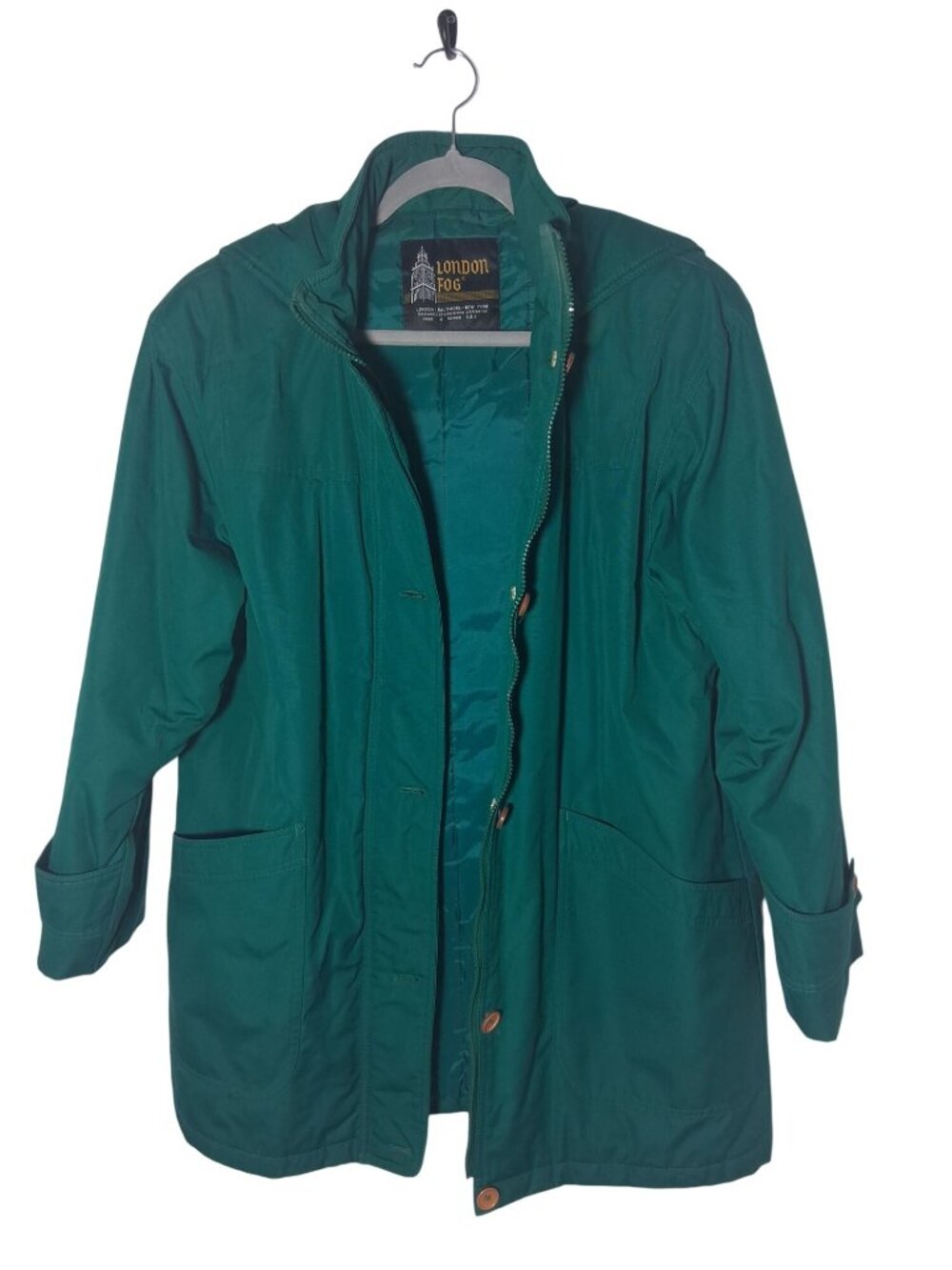 London Fog Womens Green Hooded Jacket Size 10 Reg With Button & Zippered Front C